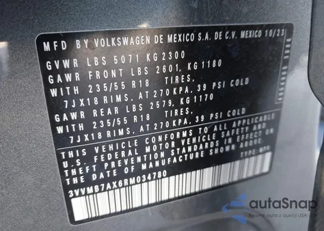 2024 Volkswagen Tiguan 2.0T Se/2.0T Wolfsburg Edition z USA, uszkodzony, nr VIN 3VVMB7AX6RM034780